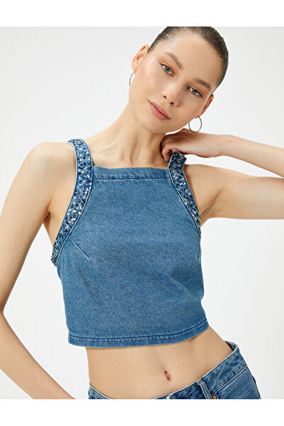 Koton Top din denim cu guler cu piatră - fundă decoltată pe spate