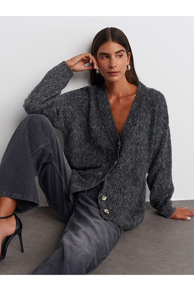 Dilvin 60264 V-Neck Raised Buttoned Knitwear Cardigan-Anthracite