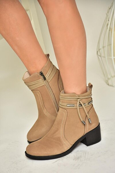 Fox Shoes T555703303 Vizon Hakiki Deri Kalın Topuklu Kadın Bot