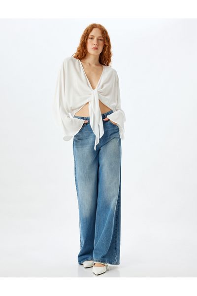 Koton Μπλούζα Viscose Crop Διπλό Μπροστινό Γραβάτα Φαρδύ μακρύ μανίκι καμπάνα