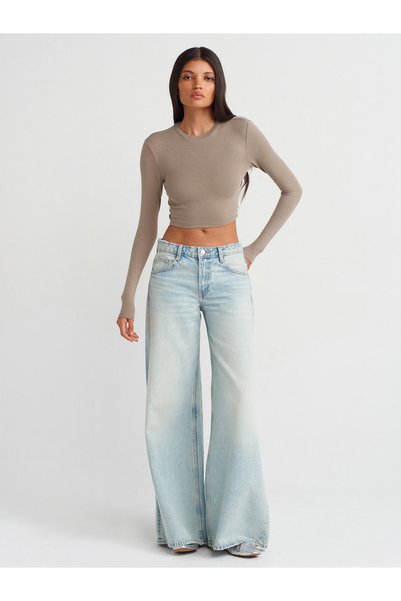 Dilvin 31236 Uzun Kollu Crop Top-Açık Vizon