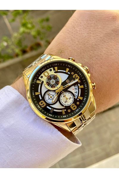 Reward Gold Color Steel Men's Wrist Watch Waterproof +Bracelet Gift