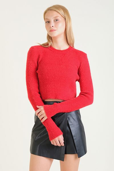 Giyim Dünyası Red Women's Crop Sweater - Zero Collar and Feather Design