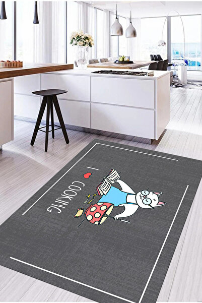 Napoli Home Baskılı Yemek Pişiren Kedi Motifli Yıkanabilir Kaymaz Taban Yollu...