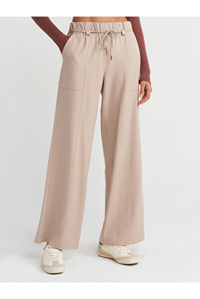 Dilvin 71546 Stone Colored Wide Leg Trousers with Elastic Waist