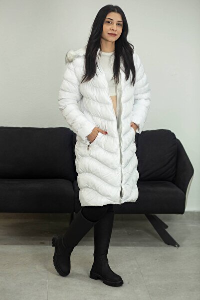 DOKUBYMAYA KADIN UZUN KAR BEYAZI KABAN