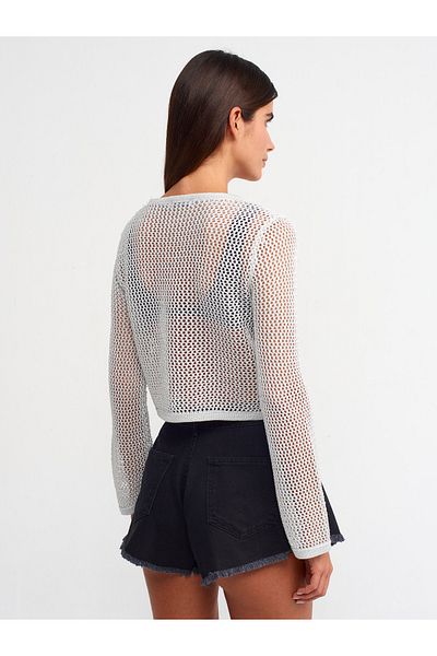 Dilvin 10350 Crew Neck Openwork Pattern Crop Sweater-Light Gray