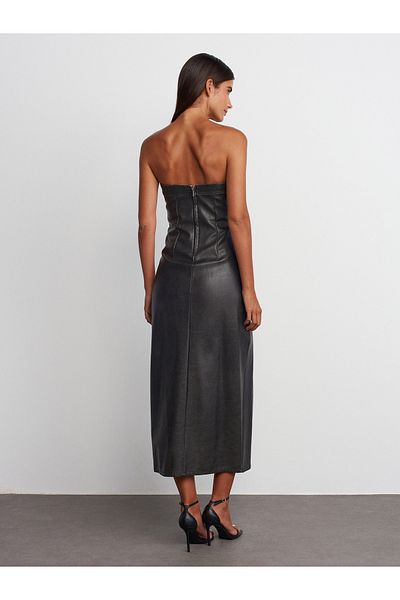 Dilvin 90813 Stitching Detailed Strapless Faux Leather Dress-Black-Grey