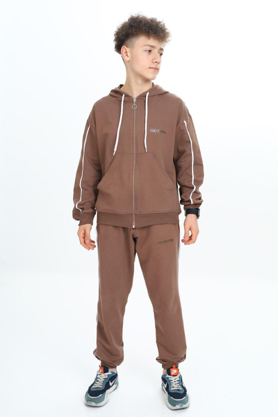 Cansın Mini Σετ αθλητικής φόρμας για αγόρι - Καφέ, Ζακέτα με γράμματα, 19484
