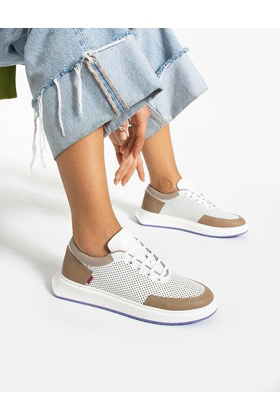 İLVİ Erma Genuine Leather Women's Mink White Sports Shoes