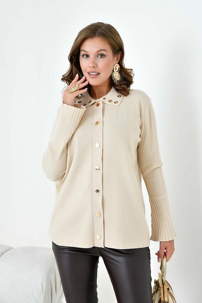 FTZ WOMEN Women's Bird's Eye Detailed Knitwear Shirt Beige 20820