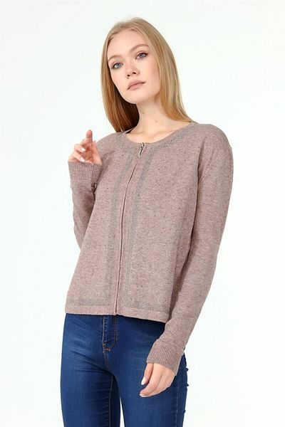 FTZ WOMEN Cardigan de damă cu detaliu în piatră în față Bej 21-1351