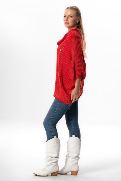 Eliş Şile Bezi Wide Neck Half Sleeve Knitwear Blouse - Autumn and Winter, Red Red
