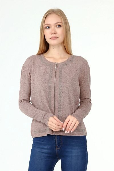 FTZ WOMEN Cardigan de damă cu detaliu în piatră în față Bej 21-1351