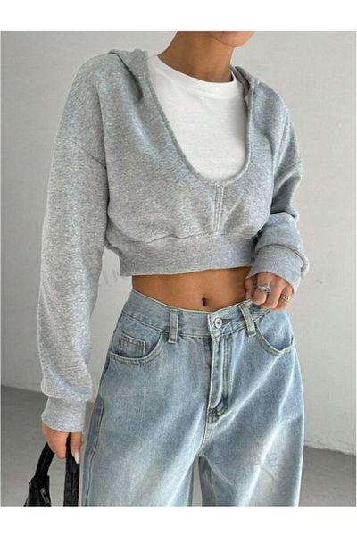 MOONBULL Women's Hooded Deep U-Neck Crop Sweatshirt