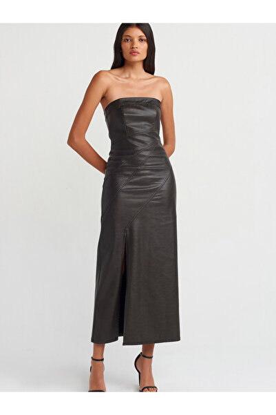 Dilvin 90813 Dikiş Detaylı Straplez Suni Deri Elbise-Kahve