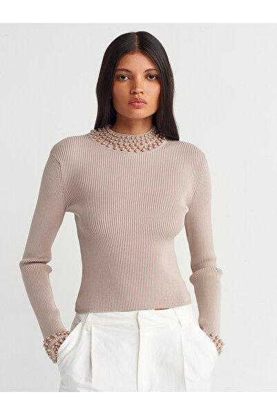 Dilvin 10618 İncili Arkası Düğme Detaylı Triko Kazak-Vizon