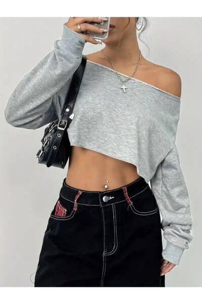 MOONBULL Kadın Kayık Yaka Crop Sweatshirt