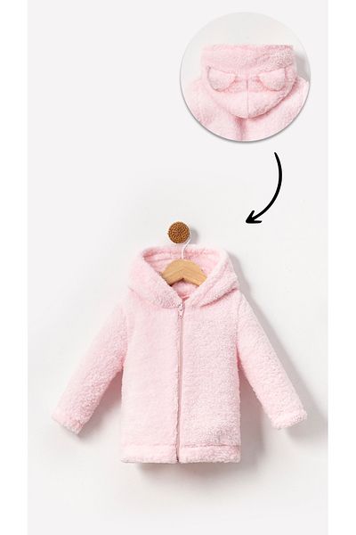 Bubito Zippered Hooded Baby Plush Welsoft Winter Cardigan - Pink