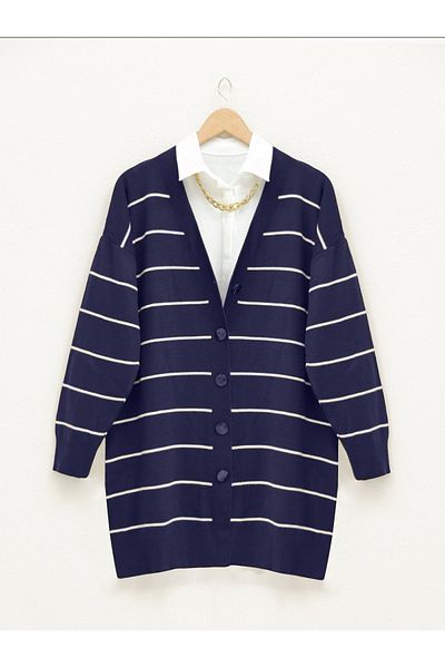 Modamorfo Long Knitwear Cardigan - Button and Dark Blue