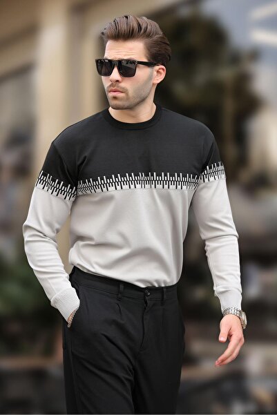 Madmext Siyah Desenli İki Renk Bisiklet Yaka Erkek Triko Kazak 7276