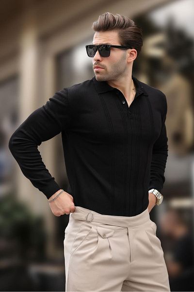 Madmext Pulover pentru bărbați cu dungi cu gât polo negru 7265