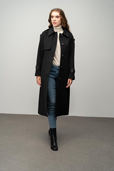 Olcay Čierny kašmírový kabát – pravá koža, stredná dĺžka, zaväzovanie v páse 3030-K