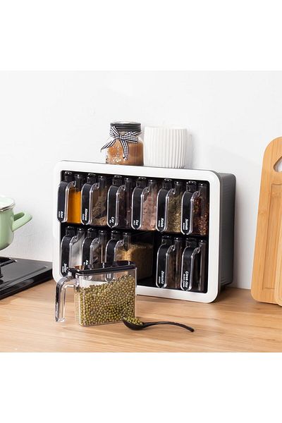 velvedi 1041 12-Piece Spice Rack Storage Container Set with Stand, Adhesive and Spoon - Black and White