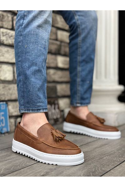 Byshoes BA0154 Laceless High Sole Leather Tan Tassel Men's Shoes