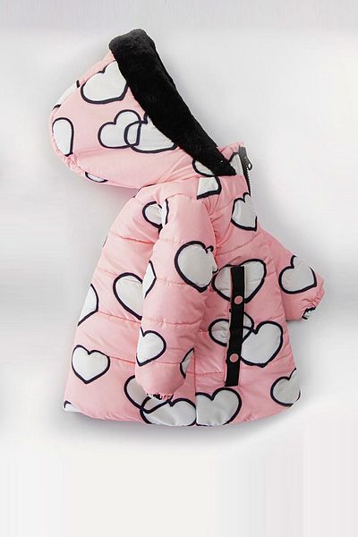 MDM New Baby Girl Coat - Cute, Heart Printed, Furry Pocket, Hooded, Soft Fabric, Plush Inflatable Inside