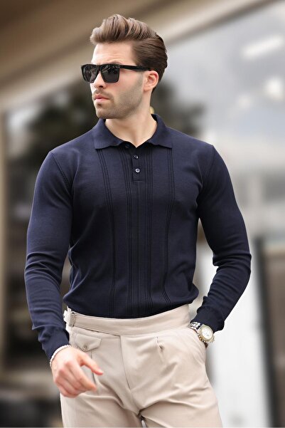 Madmext Синій поло з коміром-стійкою та смужками, чоловічий трикотажний светр 7265