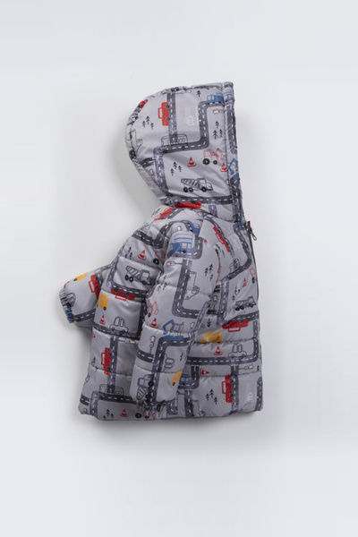 MDM Araba ve Kamyon Figürlü Baskılı İç Astarı Polarlı Kapüşonu Kışlık İçi Peluş Erkek Bebek Mont Şişme