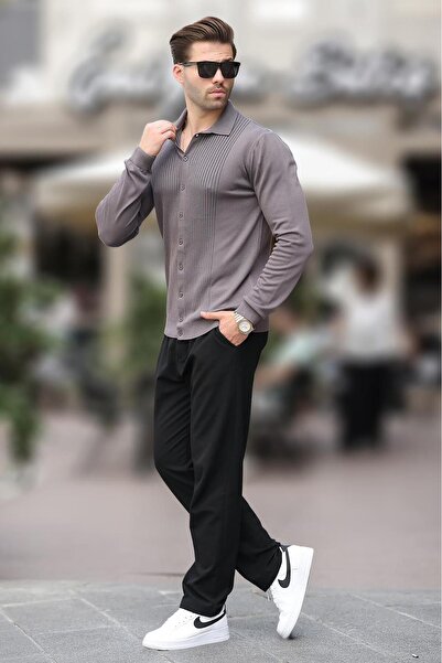 Madmext Dark Gray Polo Collar Striped Button Detailed Men's Sweater 7281