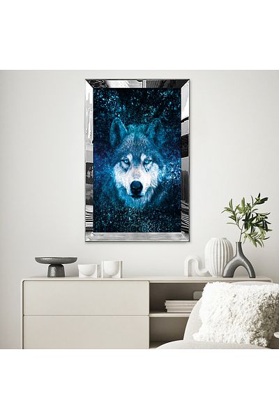 Zevahir Mobilya Dekorasyon Τραπέζι μονό MDF Blue-Eyed Wolf με ασημί καθρέφτη από πλεξιγκλάς