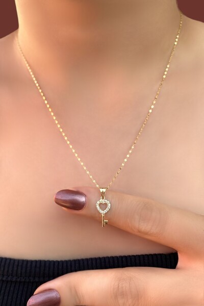 Altınaşkı Aynalı Zincirli Kalp Anahtarı Altın Kolye  14 Ayar