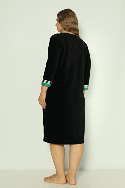 İntensive Γυναικείο φόρεμα Navy Blue Plus με μανίκια τριών τετάρτων, βαμβακερή βελούδινη πέτρα και εμπριμέ πράσινο γιακά με λεπτομέρειες