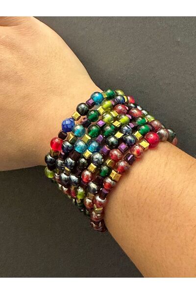 Gönülden Tasarım Mixed Natural Stone Glass Beaded Woven Women's Bracelet