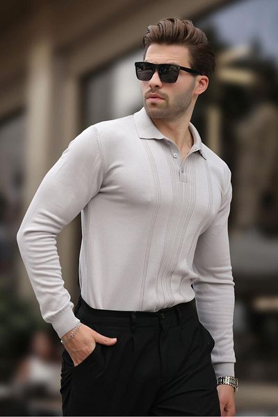 Madmext Gray Polo Collar Striped Men's Knitwear Sweater 7265