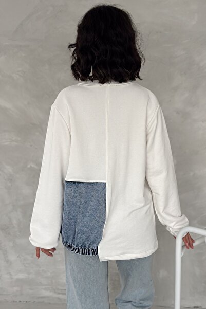 FEMELLE Women's White Denim Detailed Design Sweatshirt