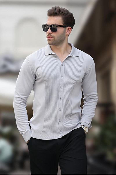 Madmext Light Gray Polo Collar Striped Button Detailed Men's Sweater 7281