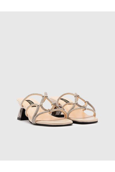 İLVİ Nerida Genuine Suede Leather Stoned Women's Silver Color Heeled Slippers