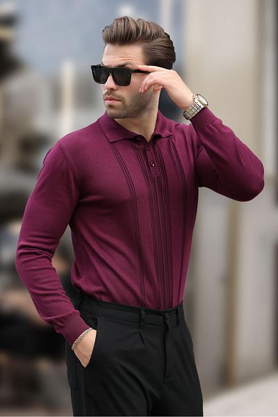 Madmext Ανδρικό πλεκτό πουλόβερ μωβ Polo Neck ριγέ 7265
