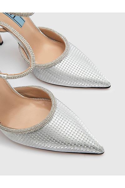 İLVİ Ainsley Genuine Leather Women's Silver Glitter Heeled Sandals