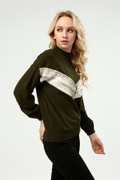 FTZ WOMEN Women's Front V Sequin Detail Sweater Khaki 21-1022