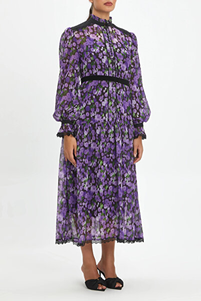 SERPİL Çiçek Desenli Düğme Detaylı Belden Kemerli Mor Elbise 39085