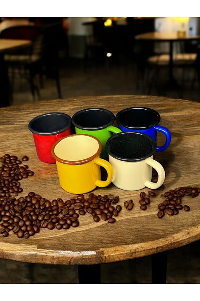 qussine 350 ml Enameled Coffee Cup with Cord - Camper Cup and Colorful Set of 5