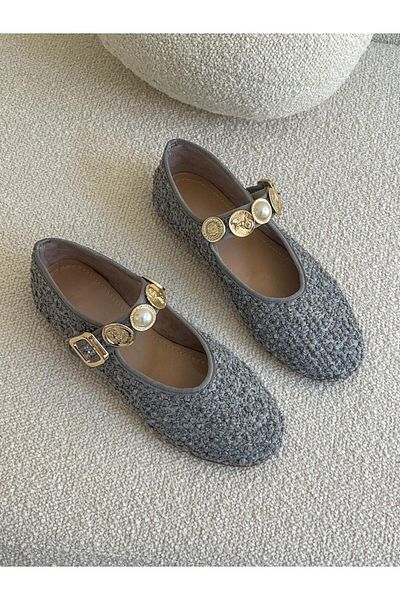 ERVANIN BUTİĞİ Gray Tweed Fabric (Rex) Buckle Detail Women's Ballerinas