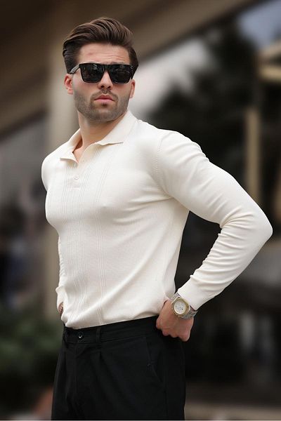 Madmext Pulover alb cu dungi pentru bărbați, cu gât polo, 7265