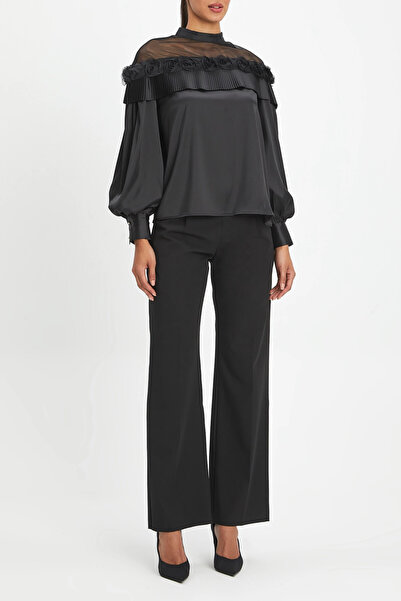 SERPİL Transparan Detaylı Balon Kollu Ipeksi Siyah Bluz 40277