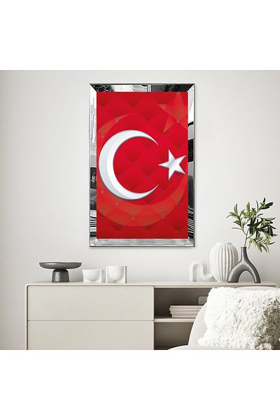 Zevahir Mobilya Dekorasyon Masa din MDF cu rama din plexiglas cu oglinda argintie si fundal rosu